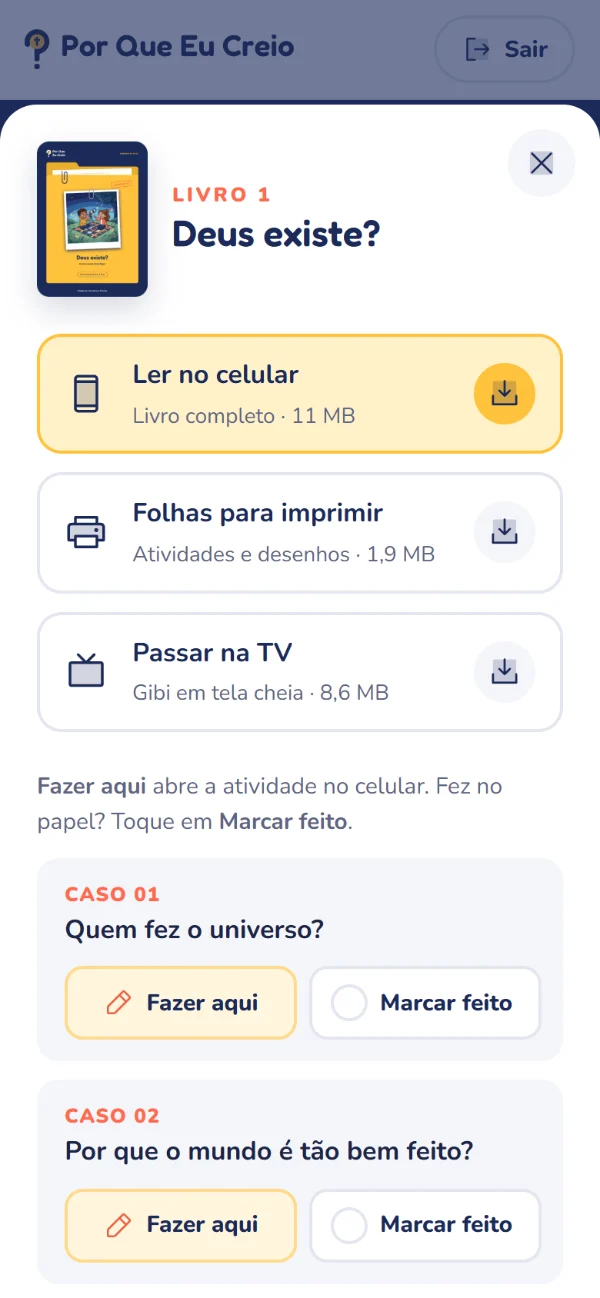 A janela do Livro 1, com os 4 casos e o botão Fazer aqui