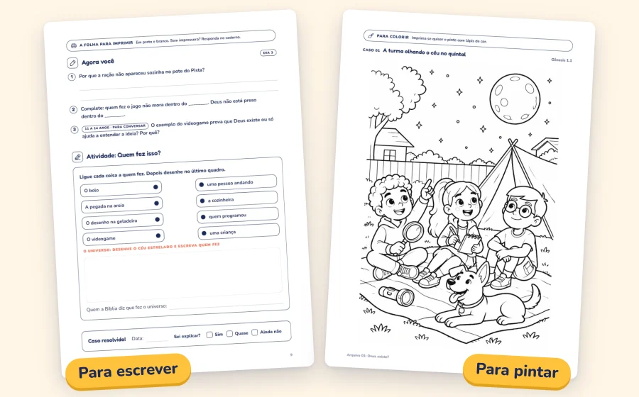 As duas folhas do Caso 01: a atividade para escrever e o desenho para pintar
