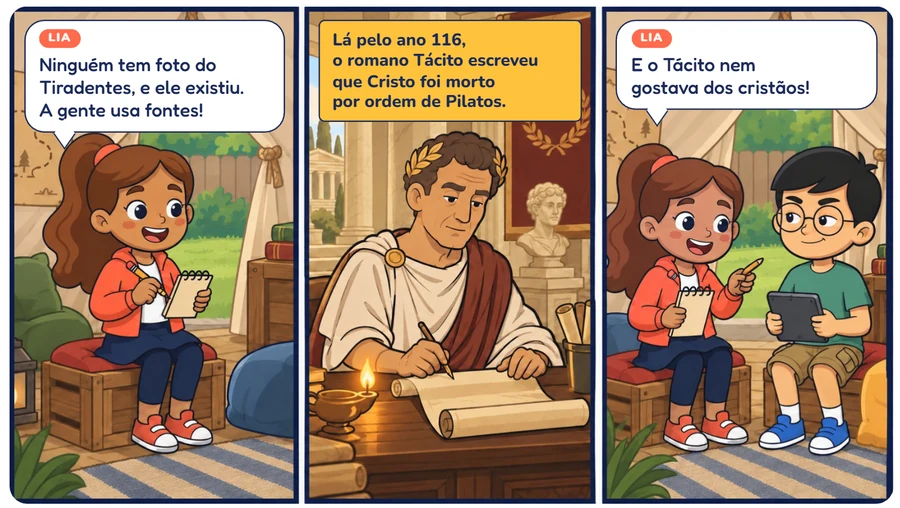 Gibi do Caso 13: a Lia explica que historiadores usam fontes, e o romano Tácito aparece escrevendo sobre Cristo