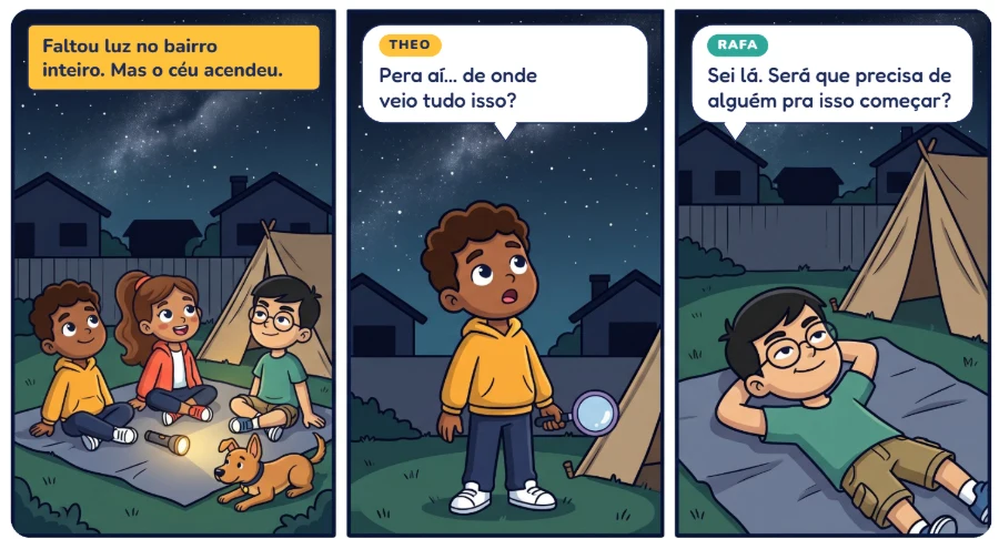 Começo do gibi do Caso 01: a turma olha o céu numa noite sem luz