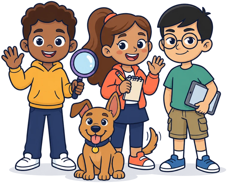 A turma da Agência: Theo, o cachorro Pista, Lia e Rafa, acenando